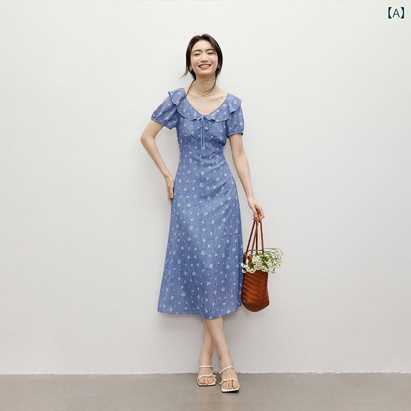 ワンピース レディース 春夏 通勤用 かわいい 袖系 甘め フラワープリント Aライン ロング フレアスカート ハイウエスト Vネック 短袖 泡泡袖 収腰 切り替え 綿混 ストレッチ 接触冷感 吸湿速乾 牛仔ブルー フラワー柄 軽量 伸縮性 高級感 ビッ