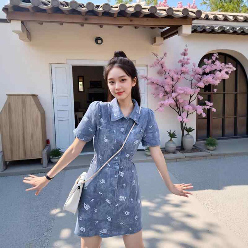 ワンピース レディース 大きいサイズ 夏 デニム 接触冷感 コットン 素材 ポロ襟 Aライン スカート ウエスト切り替え プリンセス スタイル かわいい 甘め ファッション プリント ボタン ディテール ブルー ピンク 5分袖 中長丈 軽量 通勤 普段使