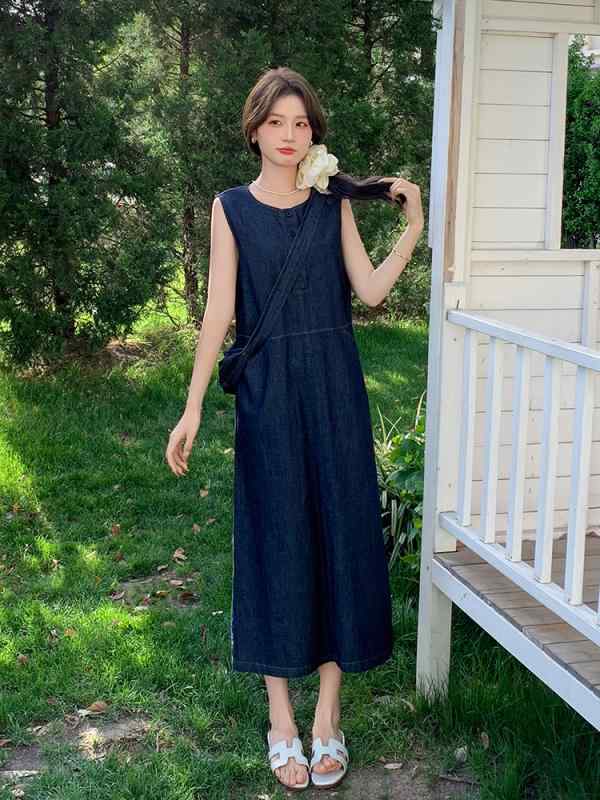 ワンピース 女性用 無袖 Uネック デニム Aライン ロングスカート コットン素材 通勤スタイル かわいい 軽量 伸縮性 牛仔ブルー 春夏 普段使い 気質 カジュアル