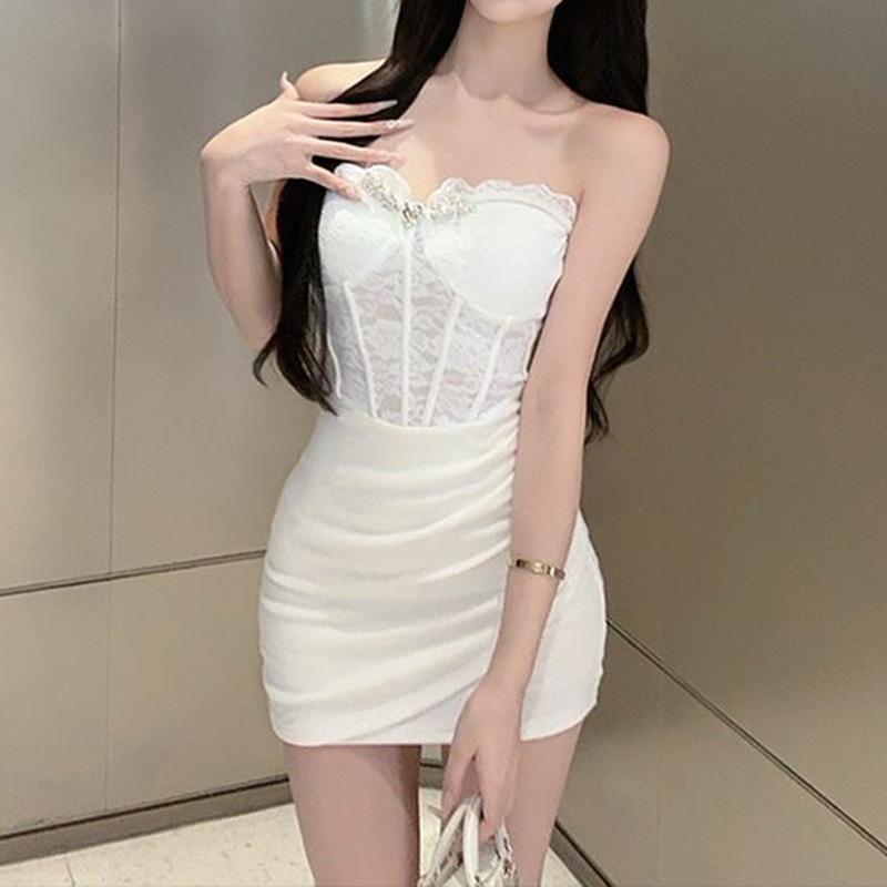 ワンピース レディース 夏 抹胸 ストラップレス タイト 包臀 ミニ ショート スカート 白色 ブラック 接触冷感 ポリエステル ハイウエスト 無袖 セットインスリーブ ラウンドネック Vネック 伸縮性 吸湿速乾 軽量 スリム フィット かわいい セクシ