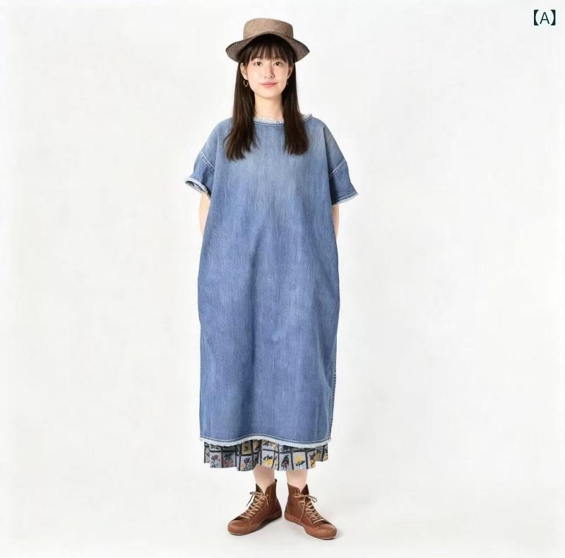ワンピース レディース 夏 デニム ワンピース 純色 Aライン ロングスカート 短袖 ラウンドネック フレンジディテール ゆったりシルエット 綿素材 吸湿速乾 快適 リラックス スタイル 日系 カジュアル ブルー