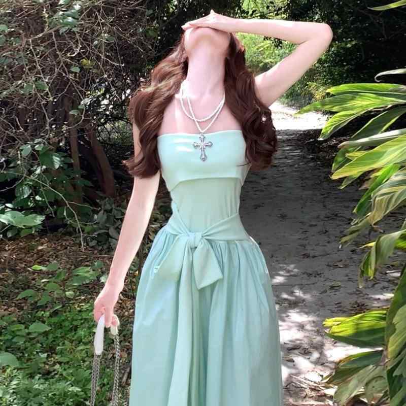 ワンピース 女性用 夏 無袖 ストラップレス チューブトップ ドレス 薄荷緑 Aライン 中長丈 高腰 収腰 スリム 蝴蝶結 リボン バイアス バインダー 綿混 ポリエステル 接触冷感 軽量 吸湿速乾 ビーチ リゾート バカンス 私服 かわいい 気質 優雅