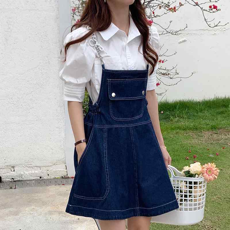 ワンピース 女性用 夏 デニム 吊り帯 高腰 スリム Aライン 中丈 接触冷感 銅アンモニア繊維 無袖 Uネック ポケット 切り替え 気質 通勤 普段使い 軽量 伸縮性 純色 牛仔 ホワイト ブラウス セット 個性 ストリート