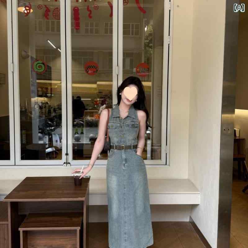 ワンピース 女性用 夏 牛仔 無袖 ロング Aライン スカート 収腰 スリム フィット ポロカラー 復古 デザイン ストリート スタイル 綿素材 洗い加工 ボタン ディテール 軽量 通気性 吸湿速乾 日常使い かわいい