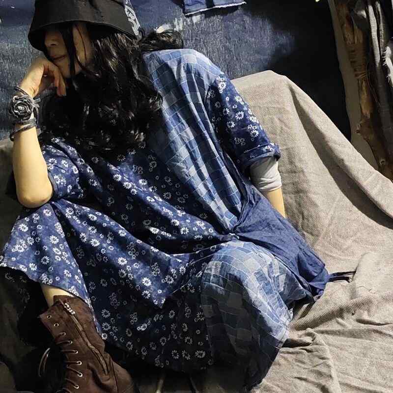 ワンピース 春夏 女性用 復古風 国風 デザイン コットン 素材 接触冷感 機能 インディゴブルー カラーリング Vネック デザイン 長袖 五分丈 袖丈 Aライン スカート 形 切り替え 柄 プリント 花柄 パターン ゆったり 腰回り スタイル インディ