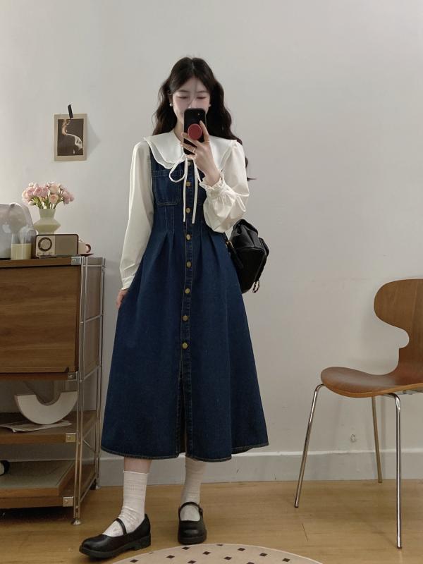 レディース デニム 切り替え コルセット ワンピース セット かわいい フリル ブラウス 長袖 コットン 素材 気質 通勤 スタイル ロング 丈 ベーシック カラー ゆったり 大きいサイズ ハイウエスト デザイン 春夏 シーズン 吸湿速乾 機能 軽量 伸