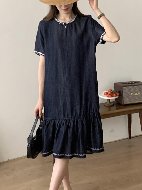 ワンピース スカート 連衣裙 女性用 かわいい Aライン 中長丈 短袖 ラウンドネック プリンセススリーブ ゆったりウエスト 切り替えデザイン 天竺 レイヨン 再生繊維 軽量 通気性 吸湿速乾 春夏 ブルー デニム風 シンプル 日常使い 日韓カジュアル
