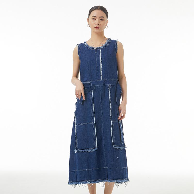 ノースリーブ デニム 背広 スカート ワンピース レディース 大きいサイズ ゆったり シルエット Aライン ロング スカート 黒 ブルー ストリート スタイル 綿素材 軽量 伸縮性 春夏 日常使い タイ ベルト ディテール フレア デザイン ゆったり フ