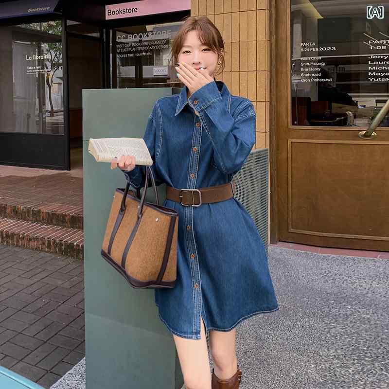 ワンピース 秋 ロングスリーブ デニム コットン混 接触冷感 ワイドシルエット ハイウエスト Aライン 中長丈 ポロカラ コットン風 宝ブルー 軽量 伸縮性 吸湿速乾 秋冬 通勤用 普段使い 部屋着 カジュアル かわいい 女性用 私服 気質 雰囲気 収腰