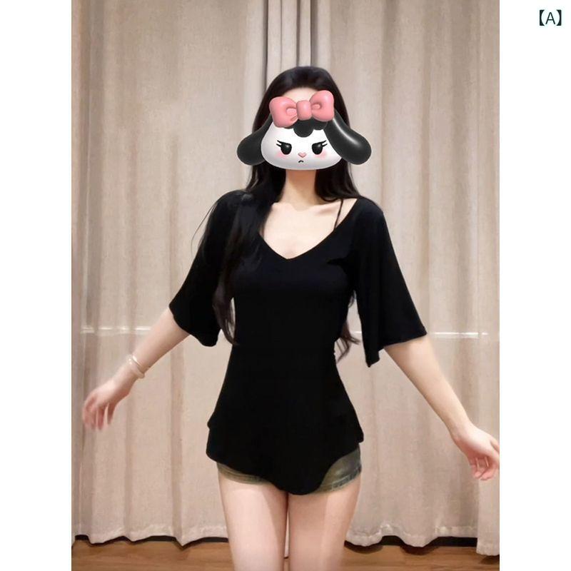 Tシャツ 女性用 夏 ブラック Vネック ワイドシルエット 短袖 ラッパースリーブ 切り替えデザイン モダール素材 接触冷感 吸湿速乾 軽量 伸縮性 ゆったり リラックススタイル 都市風 通勤用 気質 インナー トップス ブラウス