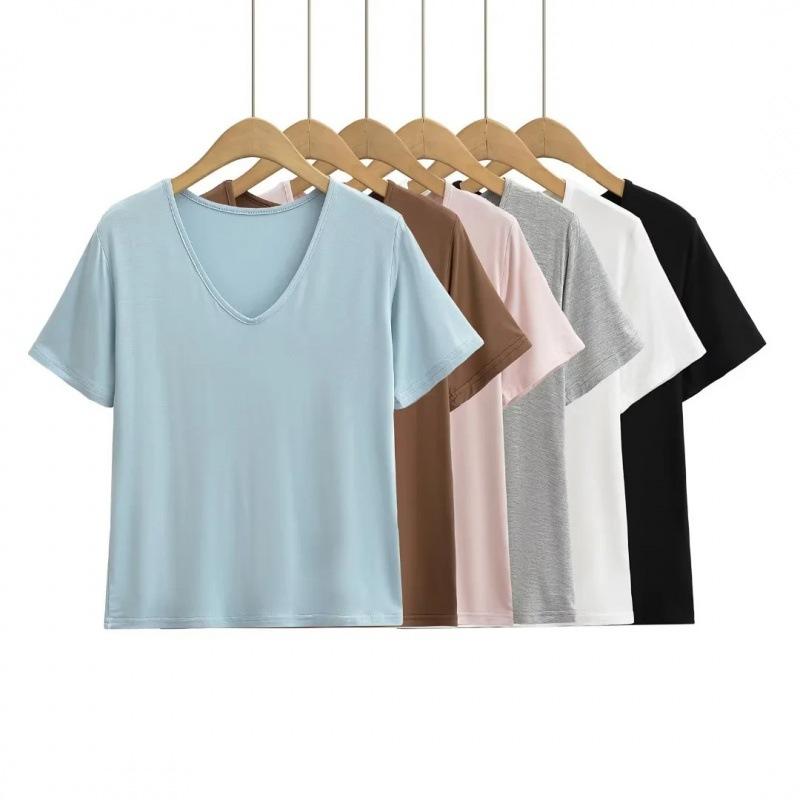Tシャツ 女性用 夏 短袖 Vネック トップス 綿 伸縮性 接触冷感 切り替え ゆったりシルエット スリムライン 吸湿速乾 軽量 純色 ブラック ホワイト グレー ピンク ブルー カジュアル 部屋着 通勤 普段使い