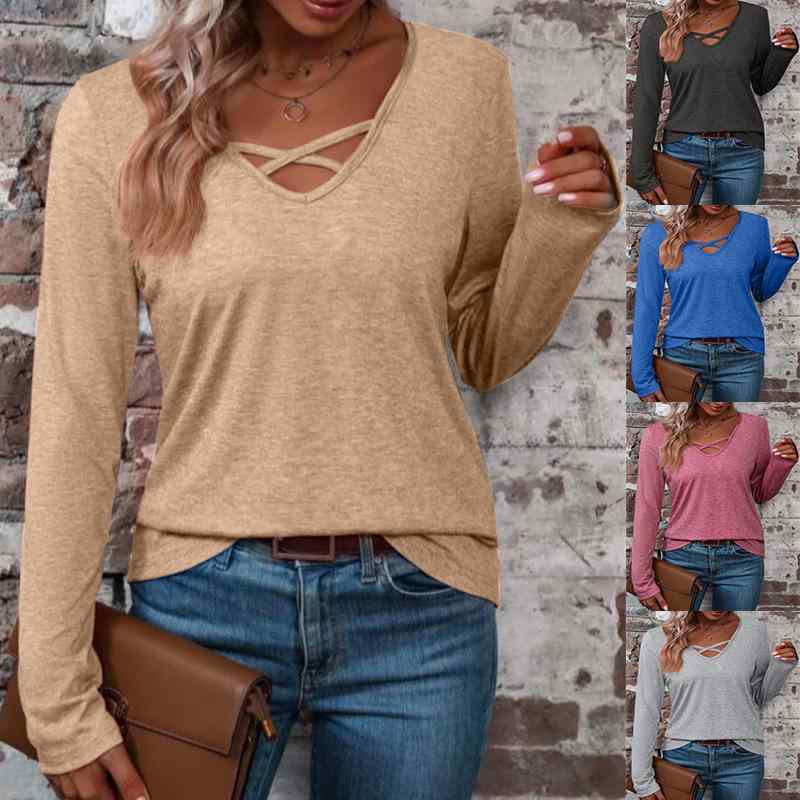 Tシャツ レディース 秋冬 Vネック 長袖 トップス 純色 ゆったりシルエット 切り替えデザイン 彩棉 ポリエステル スパンデックス 混紡 気質 通勤 快適 休? 都市スタイル ブラック グレー ピンク ネイビー イエロー