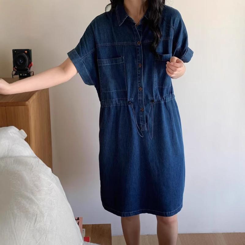 ワンピース 女性用 通勤用 デニム 短袖 ワンピース トップス 翻領 Aライン 中長丈 ワンピース コットン 素材 ゆったりシルエット セットインスリーブ 夏 春夏 シーズン 日常使い 軽量 吸湿速乾 加工 カジュアルスタイル 日韓風 ゆったり腰回り セ｜LiLishop6