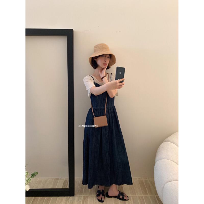 ワンピース 女性用 春夏 吊り帯 デニム Aライン ロング ハイウエスト 深青 復古 デザイン レイヤード 単品 丸首 短袖 純色 軽量 通勤 普段使い カジュアル スタイル