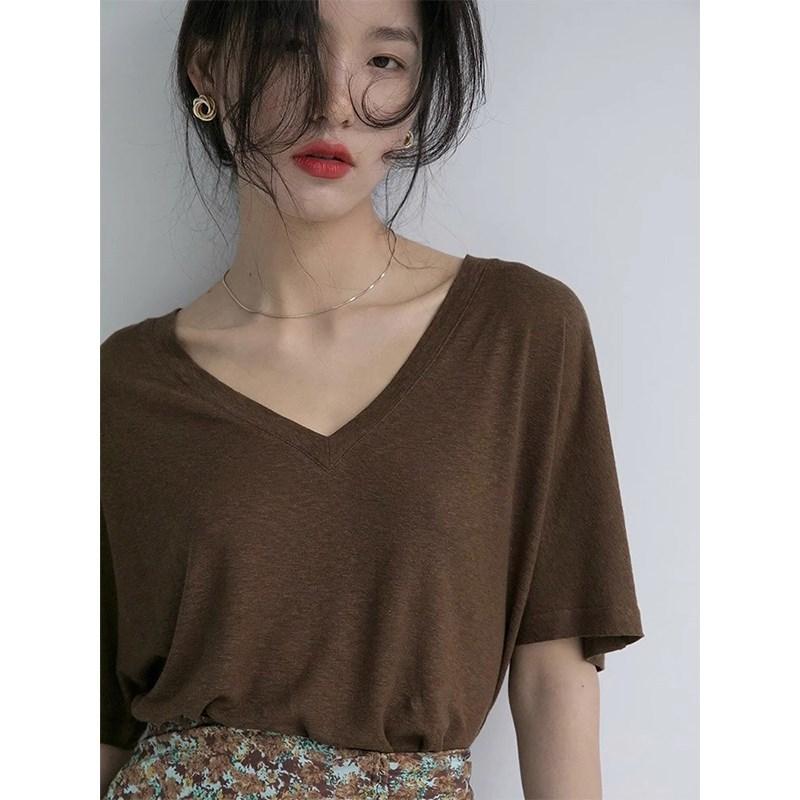 Tシャツ 女性用 夏 半袖 深Vネック 綿麻 接触冷感 ネット素材 ゆったりシルエット 低め襟元 トップス 短丈 無袖風 ユニセックス かわいい 純色 吸湿速乾 軽量 伸縮性 ブラウス シャツ アイボリー ブラック ブラウン 日常使い