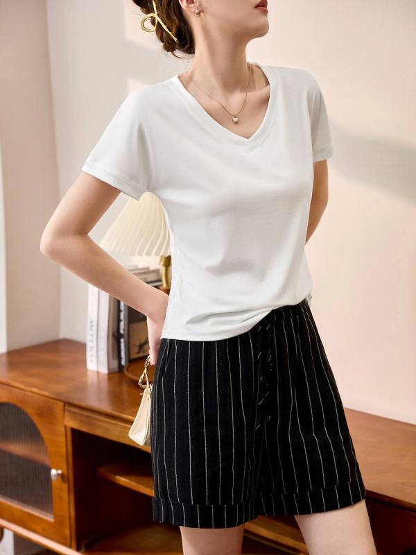 Tシャツ 女性用 夏 白 短袖 Vネック トップス ラッセル 綿 スパンデックス 混紡 純色 幅広 ゆったり シルエット 痩せ見え 百搭 ルーズフィット ピーターパンカラー クリームホワイト グレー系 日韓 カジュアル 快適 吸湿速乾 軽量 伸縮性 普段