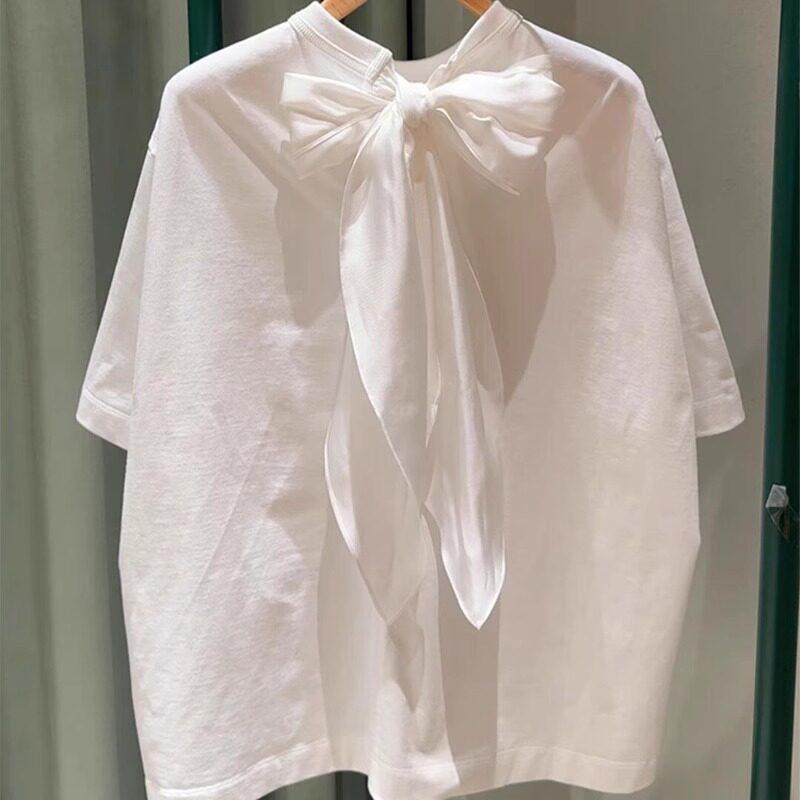 Tシャツ 女性用 白色 Vネック 短袖 綿素材 接触冷感 切り替えデザイン 漂白 ラッフル リボン ゆったり ルーズフィット 私服 御姐風 春夏 通勤 普段使い 軽量 吸湿速乾 ビッグシルエット