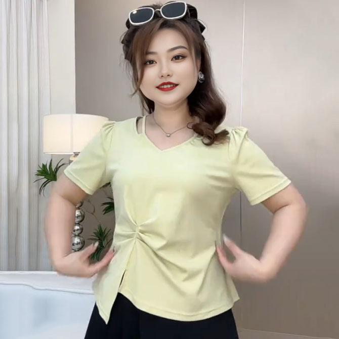 Tシャツ 女性用 春夏 大きいサイズ ゆったり 短袖 Vネック 不規則 デザイン 黒 白 緑 純色 伸縮性 吸湿速乾 軽量 接触冷感 私服 かわいい スリム効果 上品 普段使い 通勤