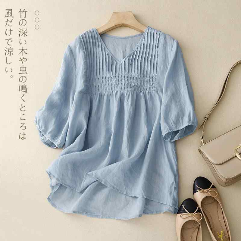 Tシャツ 女性用 夏 春夏 復古風 綿麻 接触冷感 吸湿速乾 軽量 ゆったり ビッグシルエット Vネック 5分袖 半袖 無地 シンプル かわいい トップス 普段使い 部屋着 通勤 白色 ブルー 紫 ピンク