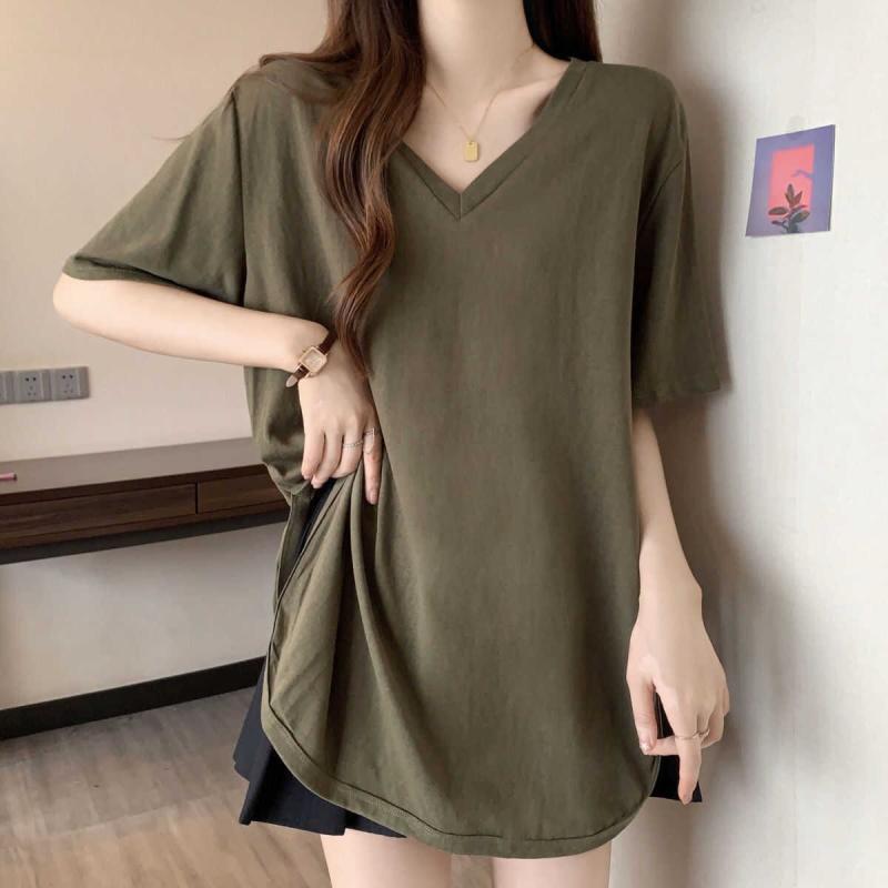 Tシャツ 女性用 黒 白 緑 Vネック 短袖 開き ゆったり 遮肉 デザイン ミドル丈 スリム トップス ゆったりシルエット 伸縮性 接触冷感 私服 春夏