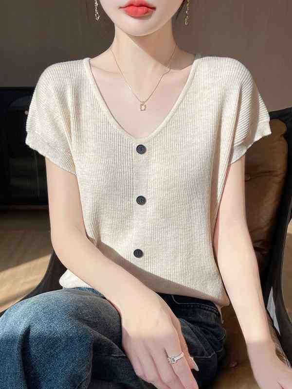 レディース Tシャツ トップス 夏 春夏 短袖 Vネック レイヨン 再生繊維 接触冷感 刺繍 ルーズフィット 気質 通勤 普段使い かわいい 百搭 ネイビー グレー ブラック ホワイト チェリーレッド 軽量 吸湿速乾 伸縮性 ファッション インナー カジ