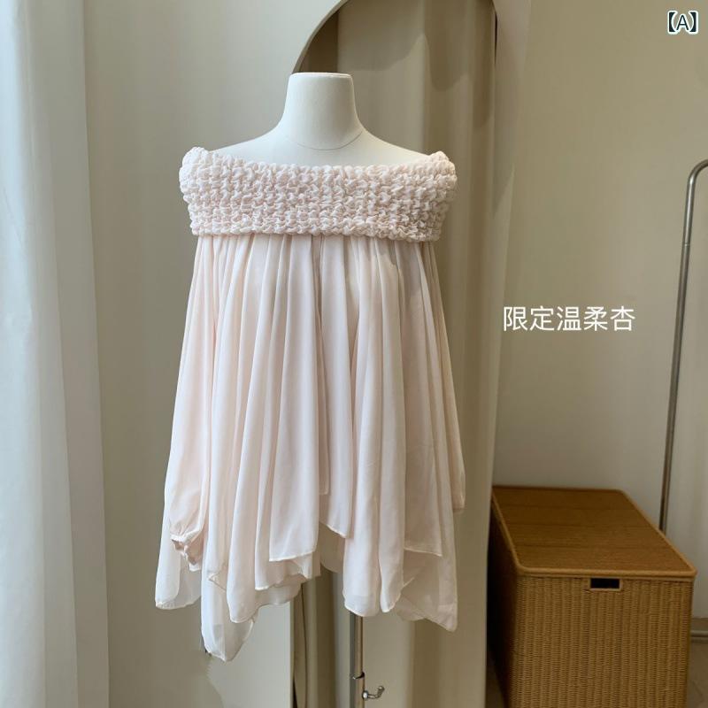 ワンピース レディース 春夏 かわいい フレンチスタイル 切り替え 泡泡袖 ロングスリーブ 肩出し ワンショルダー フレア シフォン 麻素材 軽量 通勤 普段使い ストリートファッション ビッグシルエット 接触冷感 伸縮性 吸湿速乾 ブラック ピンク系 ｜LiLishop6