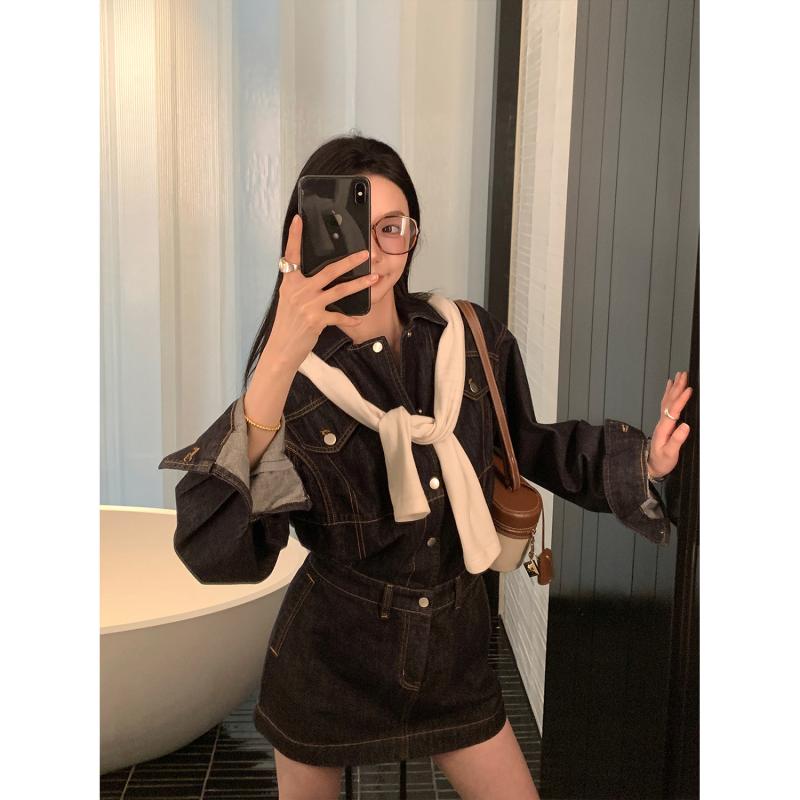 ワンピース 女性用 春夏 牛仔 コットン ミックス ワッシャー加工 ポリコレア 短丈 収腰 スリム フィット ロングスリーブ ポロカラー 霧青 復古 スタイル 単品 中国風 セットインスリーブ 純色 パターン ミニスカート ライン