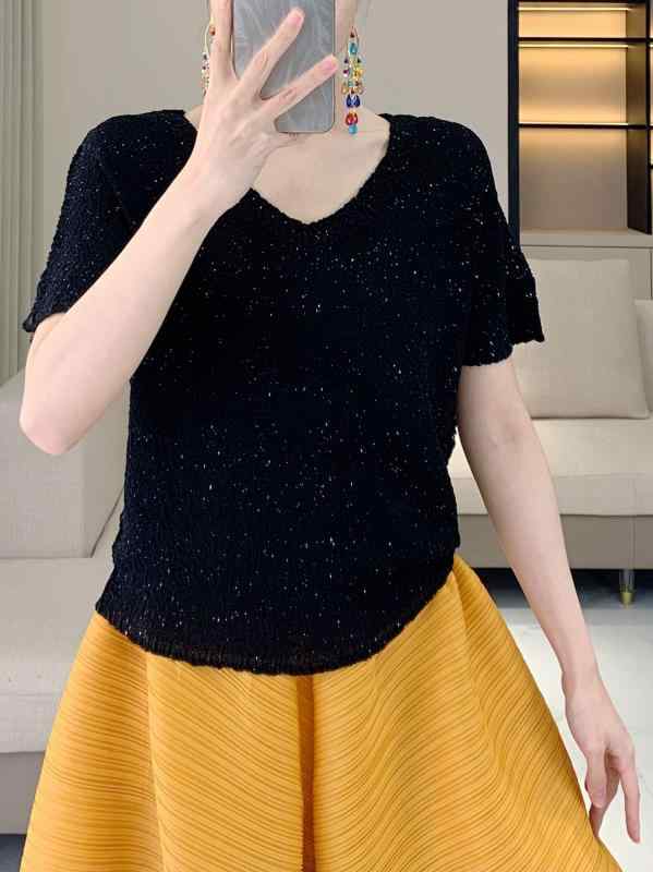 Tシャツ 女性用 春夏 気質 通勤風 百搭 トップス 短袖 Vネック プリーツ加工 純色 ワイドシルエット 軽量 吸湿速乾 ポリエステル ローズピンク ブラウン イエロー ピンク系 かわいい 普段使い