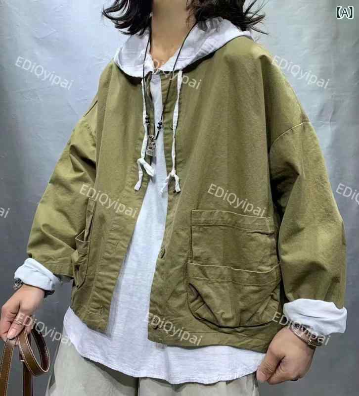 レディース アウター コットン 素材 長袖 ルーズフィット ラウンドネック シングルブレスト ポケット デザイン ミッドウェイト ミディアムレングス ドロップショルダー コットン70-80% ストレートスタイル ストリートファッション カジュアル 普段使