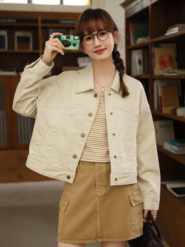 秋冬 レディース 牛仔 ジャケット ショート丈 コットン ポリエステル 切り替え デザイン ポロカラ 長袖 ルーズフィット 単排ボタン ミディアム厚 ユニセックス カジュアル 日常使い 快適 ミントホワイト