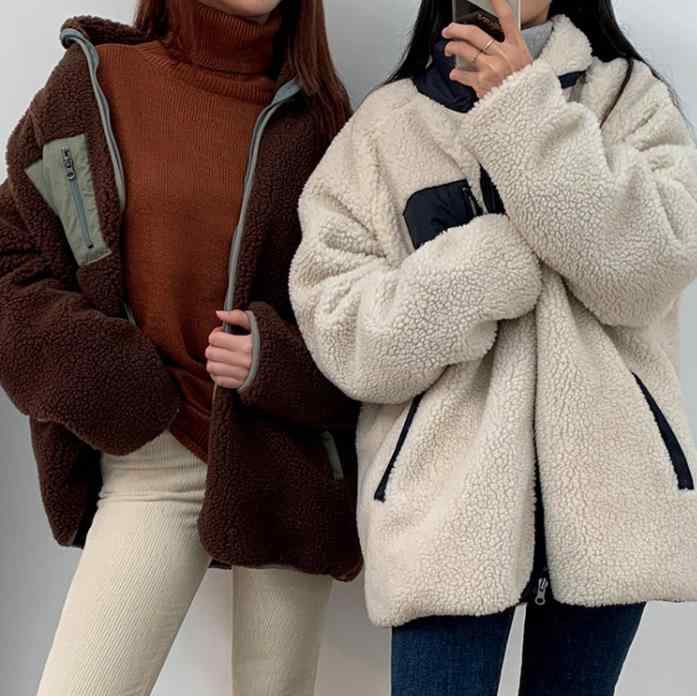 秋冬 レディース 外套 羊羔? スタンドカラー ジップアップ 切り替え ジャケット 学生服 ロングスリーブ 厚手 快適 普段使い かわいい 日系 カジュアル ホワイト ブラック ベージュ ネイビー ブラウン M L XL 2XL 大きいサイズ