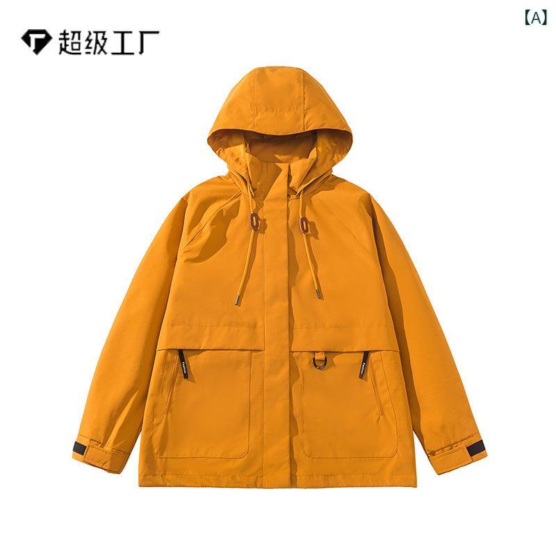 レディース 防風 防水 登山ジャケット 春夏 秋冬 透気性 耐摩耗 フード 付 ポリエステル 100% ?綾 裏地 ワイドシルエット 開襟 スタイル ハイキング 徒歩 キャンプ サイクリング 旅行 屋外 アクティビティ 向日葵色 カーキ色 ブラック 単層