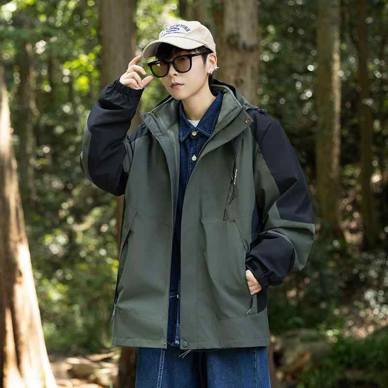 秋冬登山服 男女兼用 防水 防風 衝鋒衣 連帽 脱着式 吸湿速乾 耐摩耗 ポリエステル 切り替えデザイン フリース内胆 ハイキング アウトドア 徒歩 キャンプ ブラック グレー グリーン カーキ ブラウン アイボリー ピンク パープル