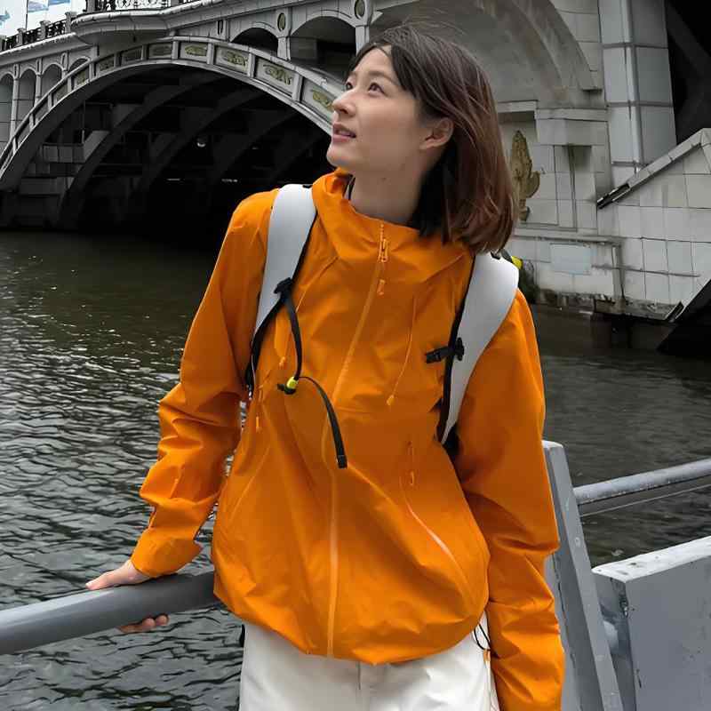 アウトドア ジャケット ユニセックス 防水 透気 超軽量 耐摩耗 防汚 ナイロン 素材 格子柄 連帽 開衫 スタイル 春夏秋冬 通年 対応 ハイキング スキー 釣り サイクリング ランニング フィットネス 屋外 アクティビティ 男女 共通 カラー オレン
