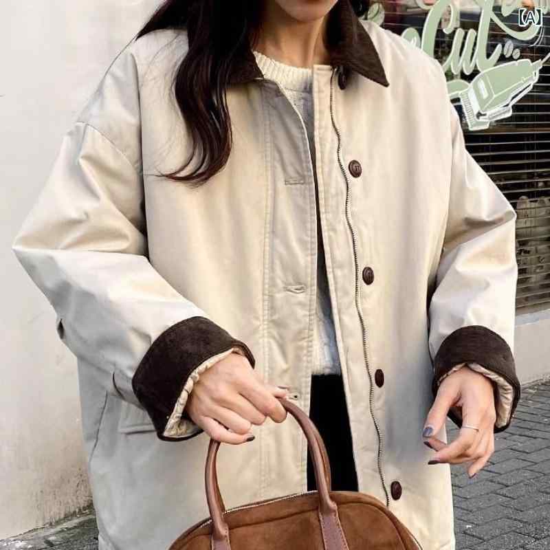 レディース コート 工装風 綿素材 秋冬 2023年 韓国風 ゆったり ロング丈 超長袖 掛け襟 ボタン 軽量 保暖 気質 通勤 都市 カジュアル ベージュ 白 純色 飛袖 切り替え 吸湿速乾 再生繊維