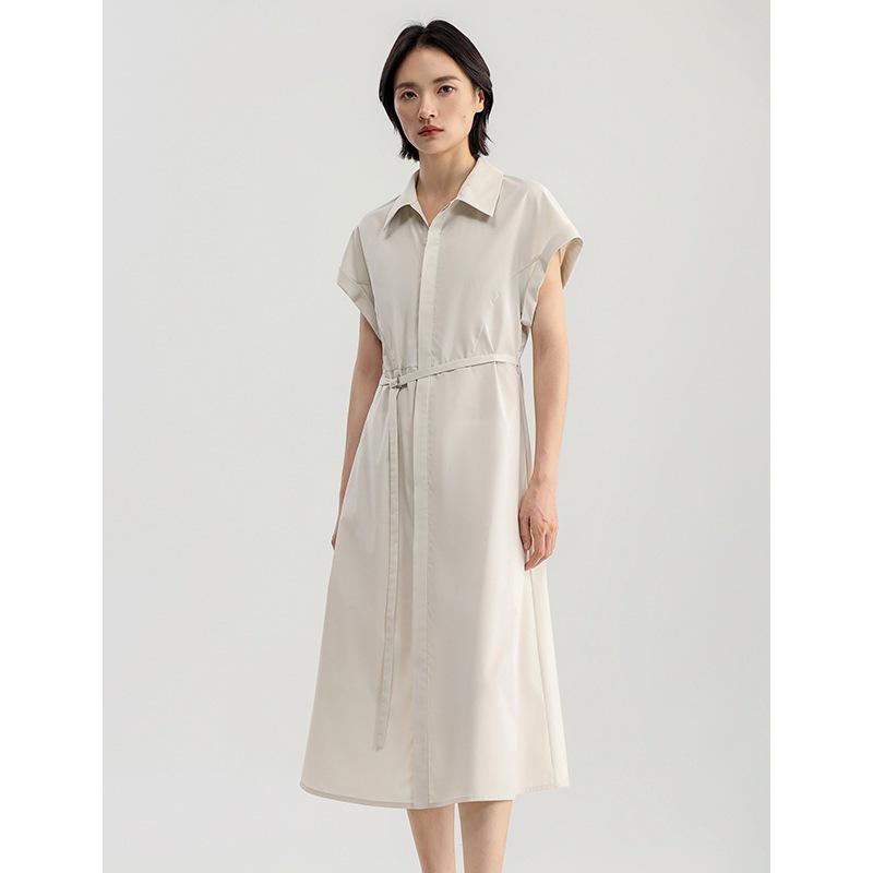 ワンピース 女性用 春季 接触冷感 ポリエステル コットン 混紡 生地 七分袖 プリンセススリーブ POLOカラー 調節可能 ウエスト ミッドレングス スカート 収縮腰 スリムフィット 気質 スタイル 芸術的 レトロ 中国風 デザイン 黒 紺 ベージュ ｜LiLishop6