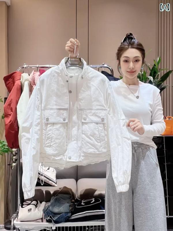 レディース 春夏 ジャケット トップス 長袖 ポロカラー 薄手 軽量 接触冷感 綿混 伸縮性 ワイドシルエット ラウンドネック ジッパー サイドポケット ユニセックス シンプル デザイン 白色 アイボリー ライトイエロー グレー ライトブルー ブラック