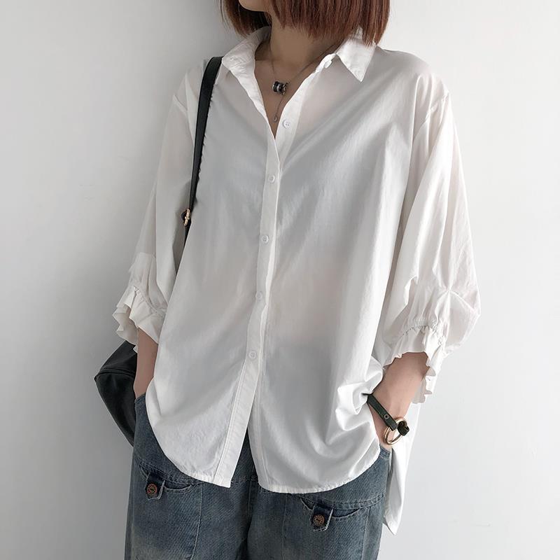 シャツ 女性用 灯?袖 七分袖 綿 接触冷感 薄手 通勤用 気質 ゆったり 開襟 ポロ領 単排ボタン 白色 ベージュ ブラウン グレー 通年 トップス ブラウス ゆったりシルエット 軽量 吸湿速乾 普段使い