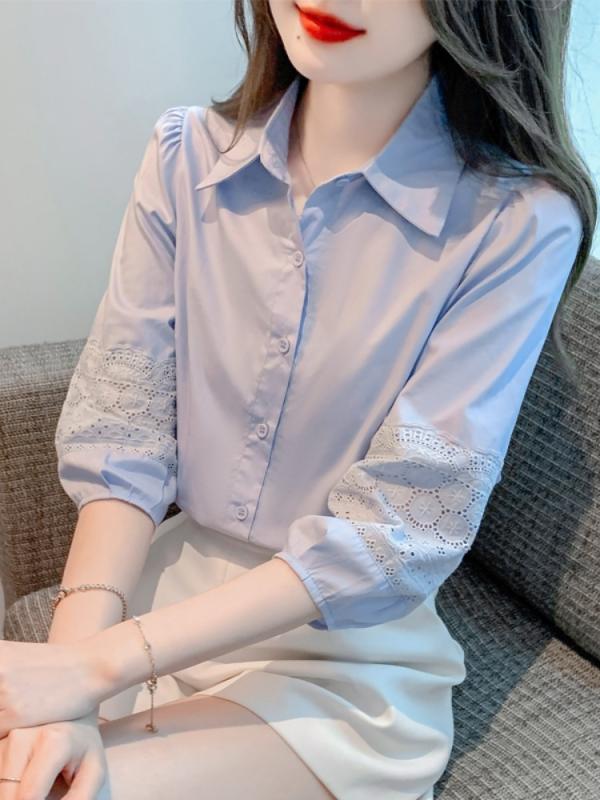 シャツ 女性用 七分袖 ポロカラ 直筒型 切り替え 純色 コットン ・届?混紡 吸湿速乾 修身シルエット 春夏 通勤 普段使い 白色 ブルー 白地レッドドット 私服 女性らしいエレガントスタイル