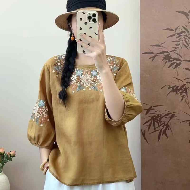 Tシャツ 女性用 夏 七分袖 ?麻 綿麻 接触冷感 伸縮性 丸首 ゆったり 細見え 刺繍 切り替え ポロカラー プリンセススリーブ 私服 ライトスタイル ホワイト イエロー ベージュ ピンク ローズ ネイビー パープル グリーン グレー レッド ベージュ