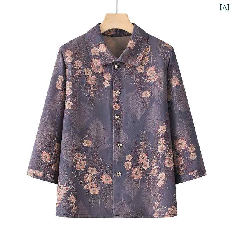 シャツ ミドル袖 春夏 女性用 中高年 母用 トップス ポリエステル 花柄 セットアップ 七分袖 シルク加工 ゆったり ポロ領 切り替え 私服 ワイドフィット 紫灰 赤 ピンク 緑 青