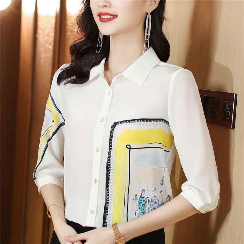 女性用 桑蚕? シャツ 夏 通勤 トップス 七分袖 プリント柄 ボタン 切り替え ポロカラ ワイドシルエット 接触冷感 吸湿速乾 軽量 伸縮性 手描き風 デザイン 気質 普段使い 白色 綿混 再生繊維 シルク調 インナー ブラウス ルームウェア