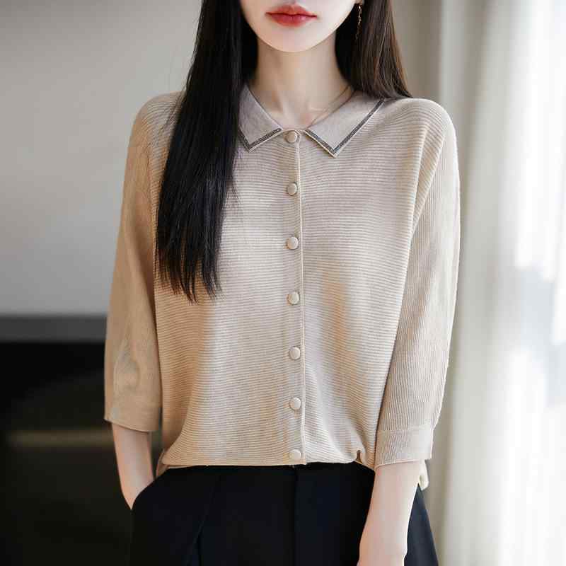 カーディガン レディース 春夏 針織 開衫 ポロ襟 七分袖 外套 羊毛混紡 ポリエステル 再生繊維 接触冷感 純色 ルーズフィット ワイドシルエット シングルブレスト ボタン開き 通勤用 気質 イージースタイル 米色 キャメル 赤 ブラック グレー 軽量|LiLishop6