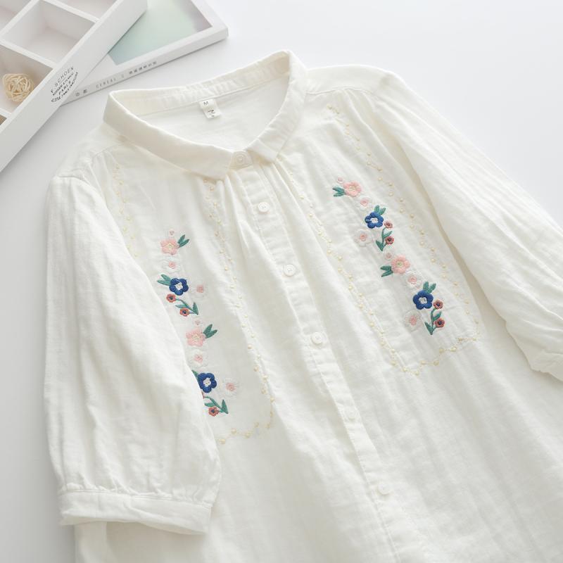 シャツ 女性用 七分袖 綿 刺繍 花柄 柔軟 トップス 直筒型 ポロカラー ピンストライプ 切り替え 基本款 純綿 吸湿 軽量 夏 春夏 通勤 普段使い 部屋着 かわいい 復古風 白色 ピンク グレー グリーン ブルー フラワー ドット チェック 民族風