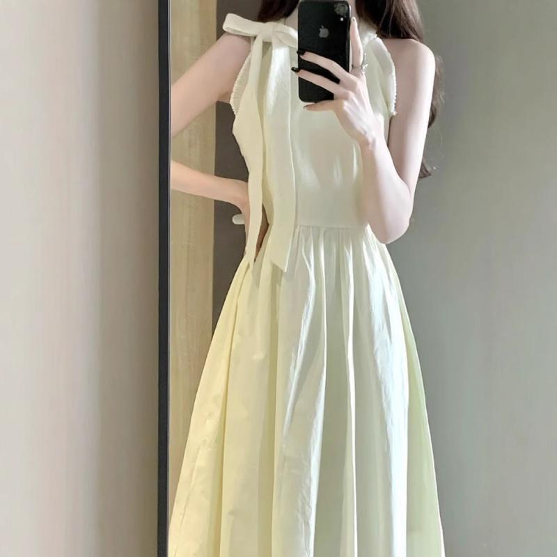 ワンピース レディース 夏 吊り紐 切り替え Aライン ミッド丈 高腰 かわいい 清楚 レース 純色 接触冷感 吸湿速乾 軽量 伸縮性 ポリエステル PVC ミックス 杏色 ピンク系 イエロー系 気質 優雅 スタイル 女性用 ドレス ロングスカート スリ