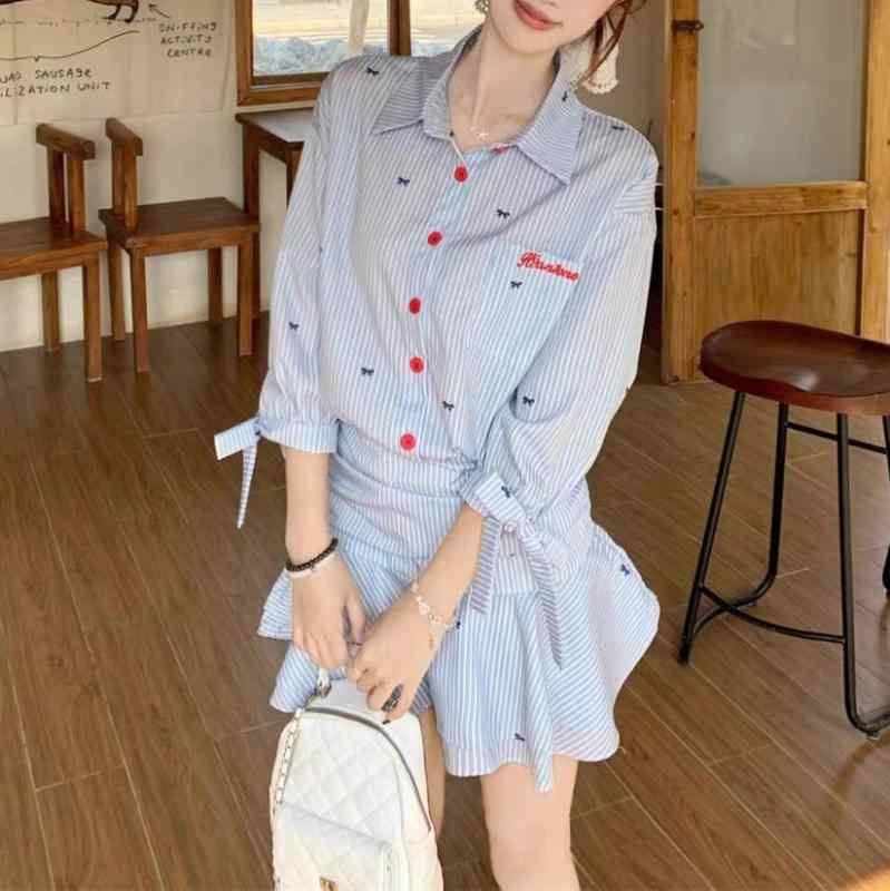 ワンピース 女性用 春夏 法式 ストリートスタイル 条紋 Aライン 短丈 ハイネック 七分袖 低腰 シングルボタン 麻素材 ブルー スリムフィット チック 復古 シャツドレス トップス 普段使い 軽量 吸湿速乾