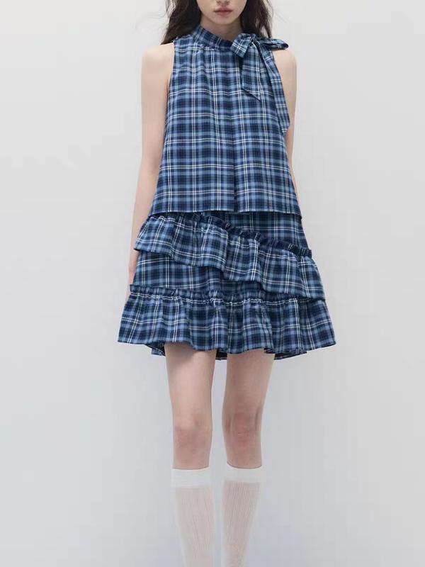 ワンピース レディース 春夏 ブルー 格子柄 無袖 ハイウエスト Aライン プリーツ ポローカラー ゆったりシルエット 涼しい 接触冷感 ポリエステル コットン 混紡 通勤 普段使い 膝丈 フレア スカート トップス ワンセット 気質 ロング丈 フェミニ