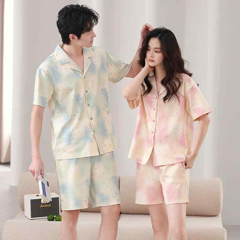カップル パジャマ モダールコットン 夏用 薄手 短袖 接触冷感 かわいい シンプル メンズ レディース ルームウェア ホームウェア セット ポロカラー 半袖 七分丈パンツ 軽量 快適 吸湿速乾 通勤 普段使い アウトドア 室内 春夏 グレー ピンク ブ