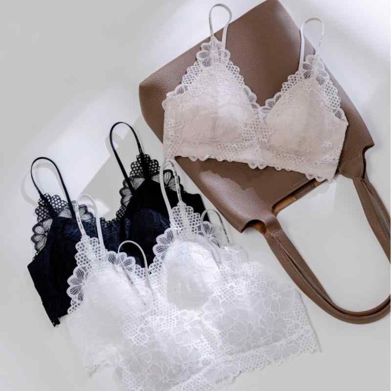 ブラ レディース 法式 レース アルファベット プリント 吊り下げストラップ インナー ワイヤレス 無痕 美しい背中 背心スタイル ブラジャー トップス 薄型カップ 三角カップ コットン 素材 ニット 伸縮性 軽量 固定肩紐 ブラック アイボリー グレー 4,365円
