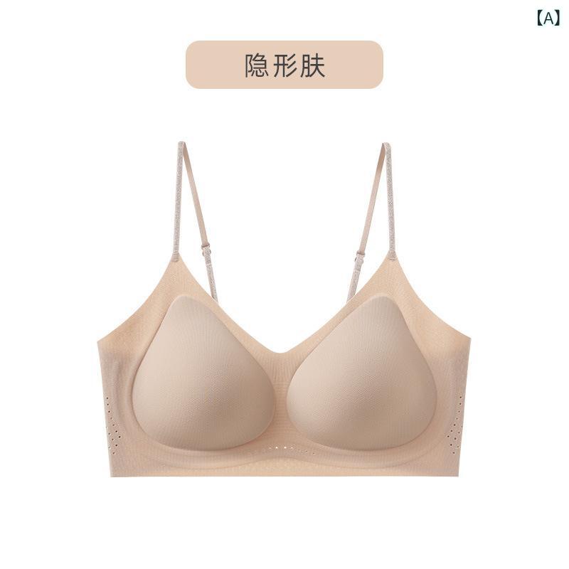ブラ 女性用 夏季 薄手 キラキラ 細肩ストラップ 抗菌 ソフトサポート 美背 ノンワイヤー 3/4カップ 超薄型 背心式 無痕 透気 快適 ポリウレタン ナイロン 肌色 ライトブルー ミルクホワイト ブラック シンプル カジュアル 集約 日常使い